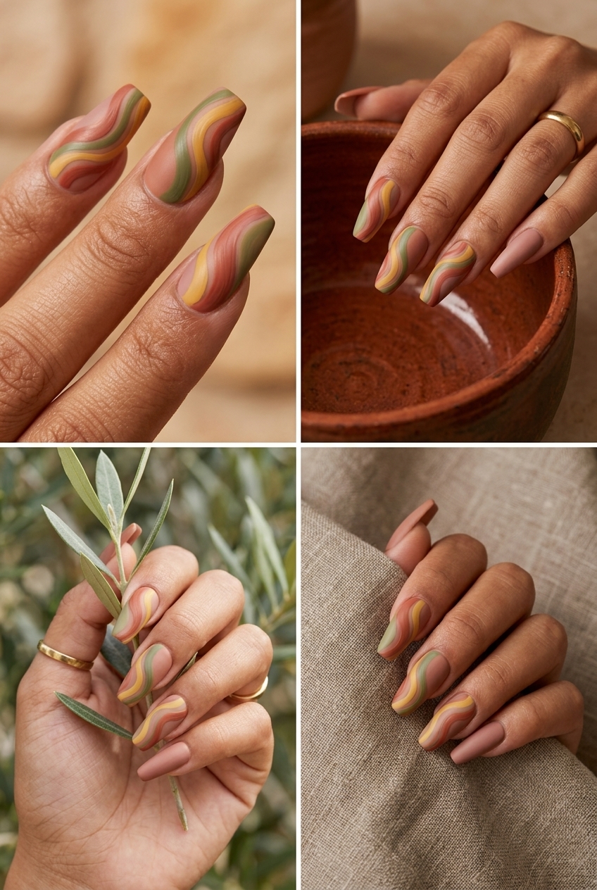 Long coffin nails with muted earth tone rainbow swirls. Simple rainbow nails 2026 for formal events.