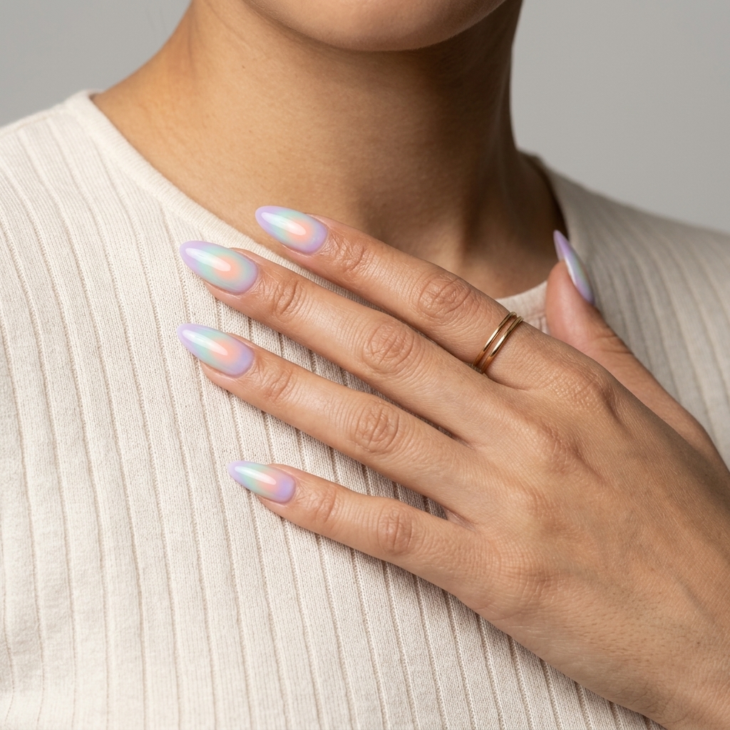 Almond nails with pastel rainbow aura effect. Simple rainbow nails 2026 for weddings.