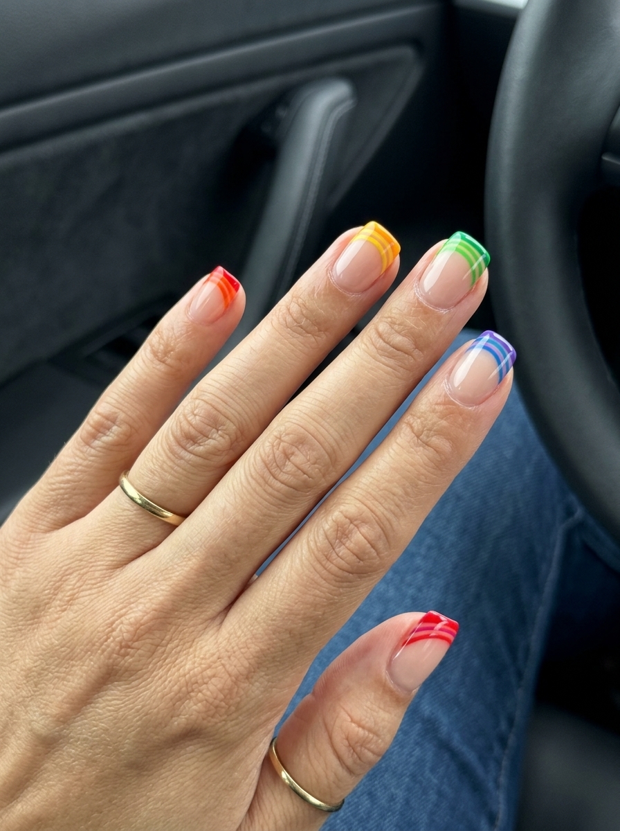 Vibrant rainbow French tips on sheer nude for Pride Month and parties. Simple rainbow nails 2026.