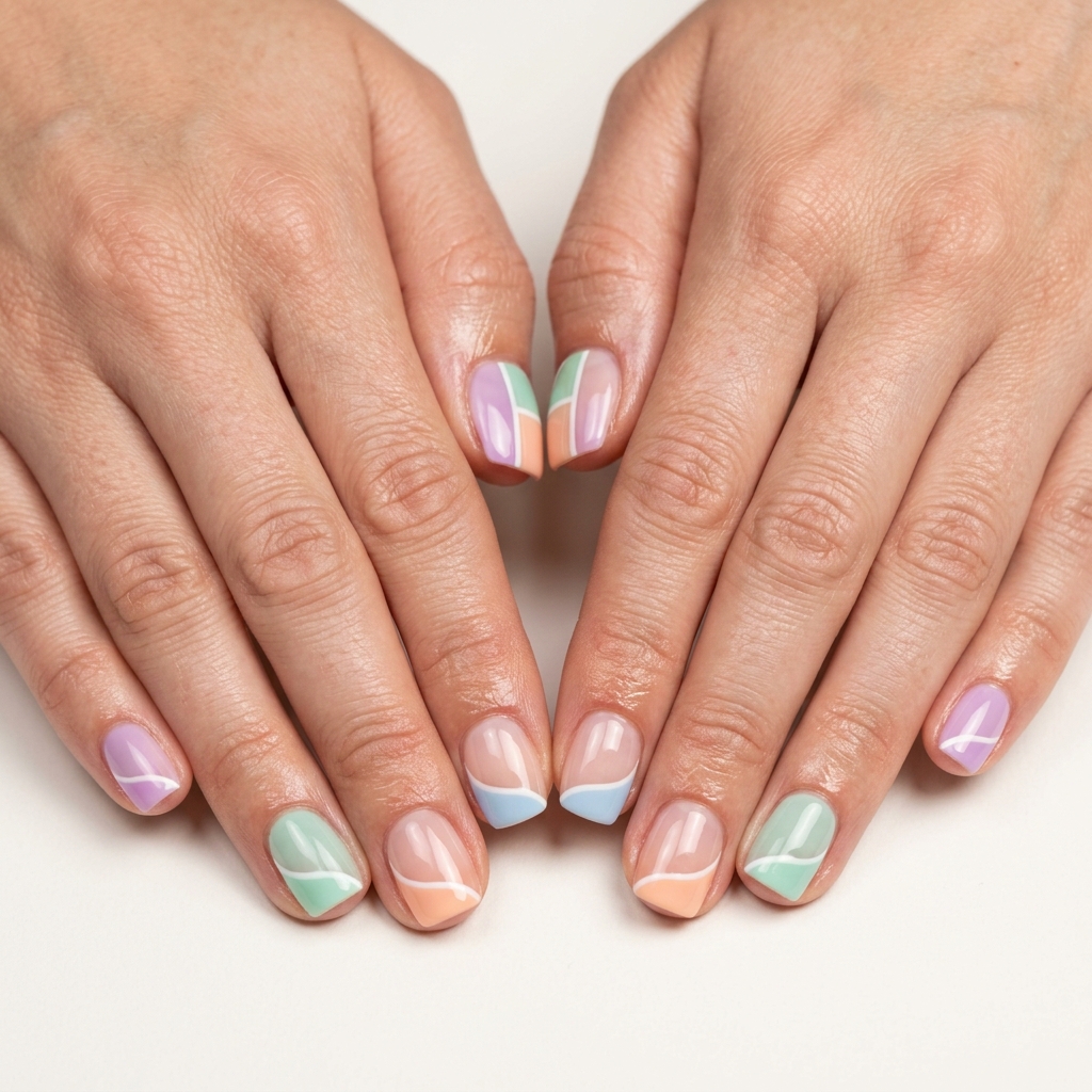 Sheer pastel rainbow color block nails 2026 with thin white lines on short squoval nails.