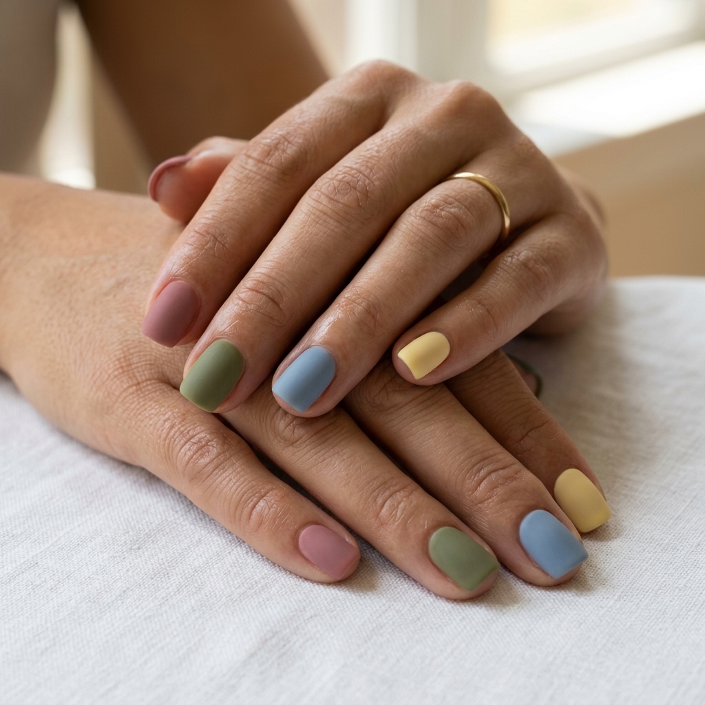 Muted matte rainbow French tip nails 2026 on short square nails for a minimalist look.