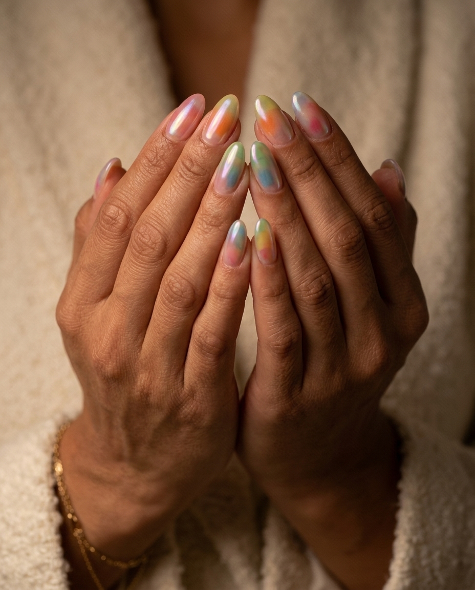 Jelly rainbow glazed donut nails 2026 with chrome shift on long oval nails.