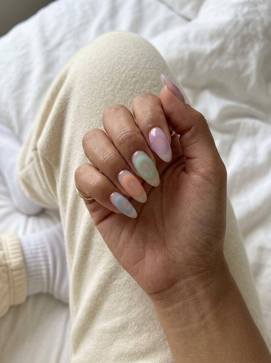 Jelly pastel rainbow aura ring nails 2026 on long almond nails for a romantic look.