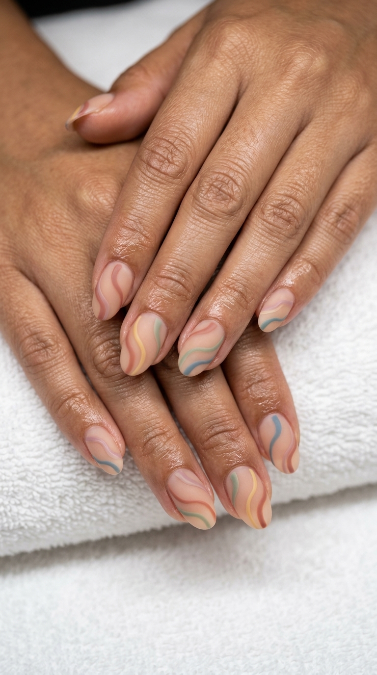Subtle muted rainbow swirls on sheer nude nails 2026 with satin matte finish.