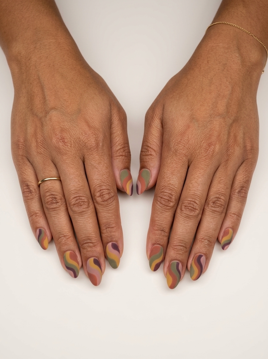 Velvet muted rainbow swirl nails 2026 on medium almond nails for a luxurious look.