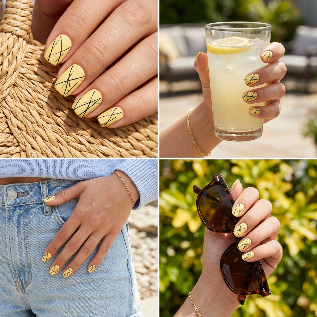 Butter Yellow Abstract Lines nails: edgy, artistic short squoval nails with matte finish and black lines 2026.