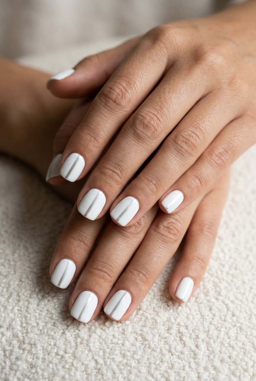 Subtle chrome stripe squoval accent nails for summer 2026. Edgy, futuristic short squoval nails with silver chrome stripe.