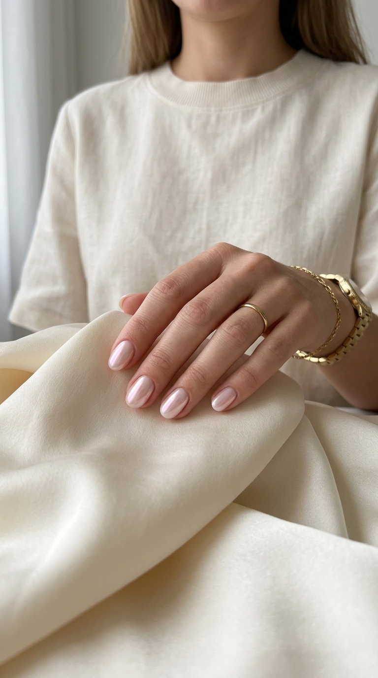 Milky pink glazed donut nails 2026: Short, rounded nails with pearlescent shimmer for date night or casual weekends.