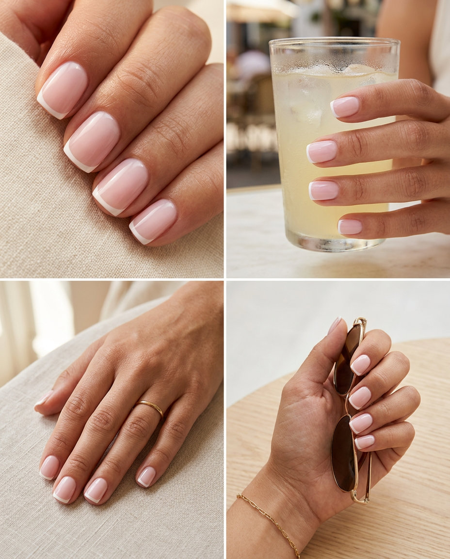 Milky pink micro French square nails for summer 2026. Minimalist, chic short square nails with sheer pink and white French tips.