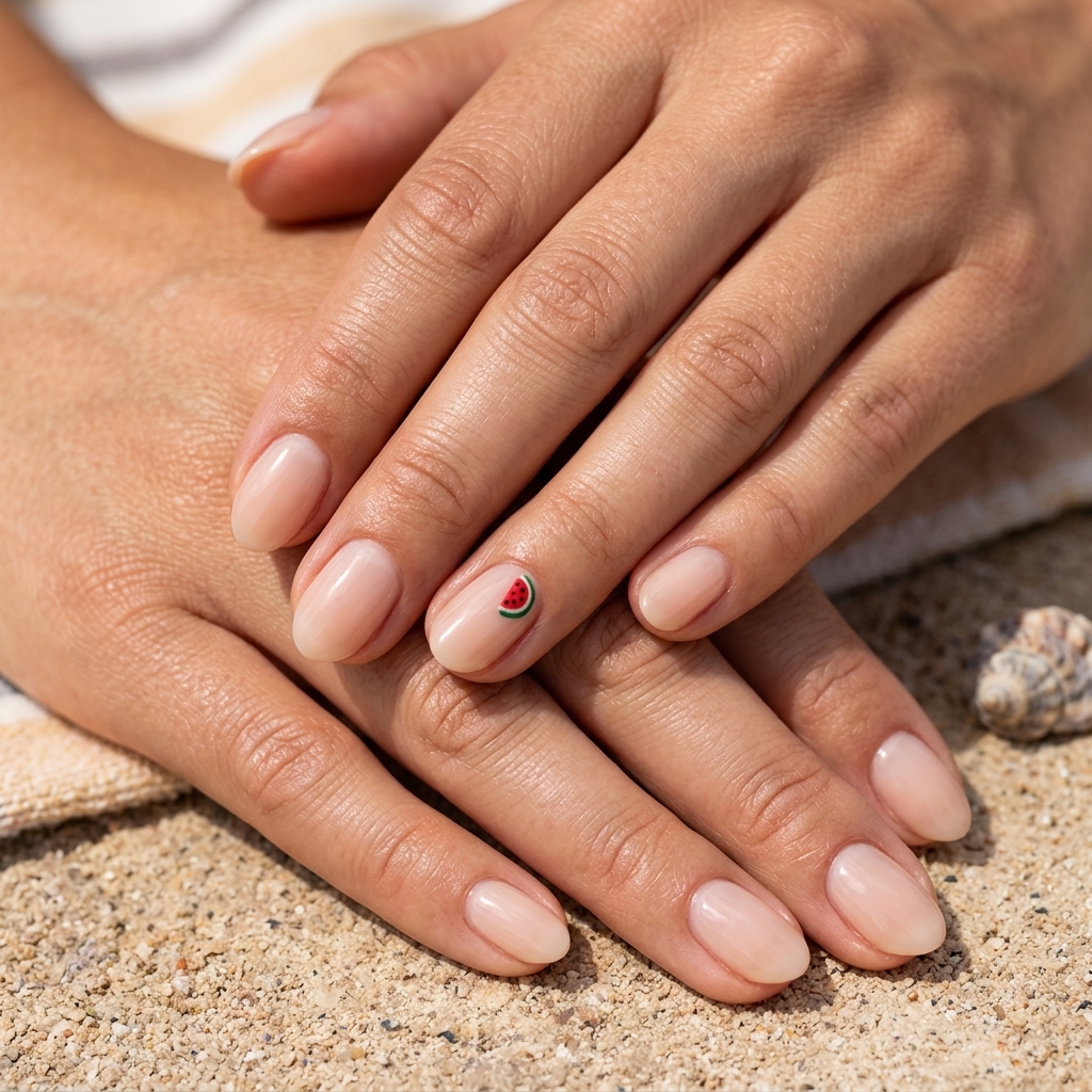 Minimalist Watermelon Dot Almond nails: playful, whimsical short almond nails with a tiny watermelon accent 2026.