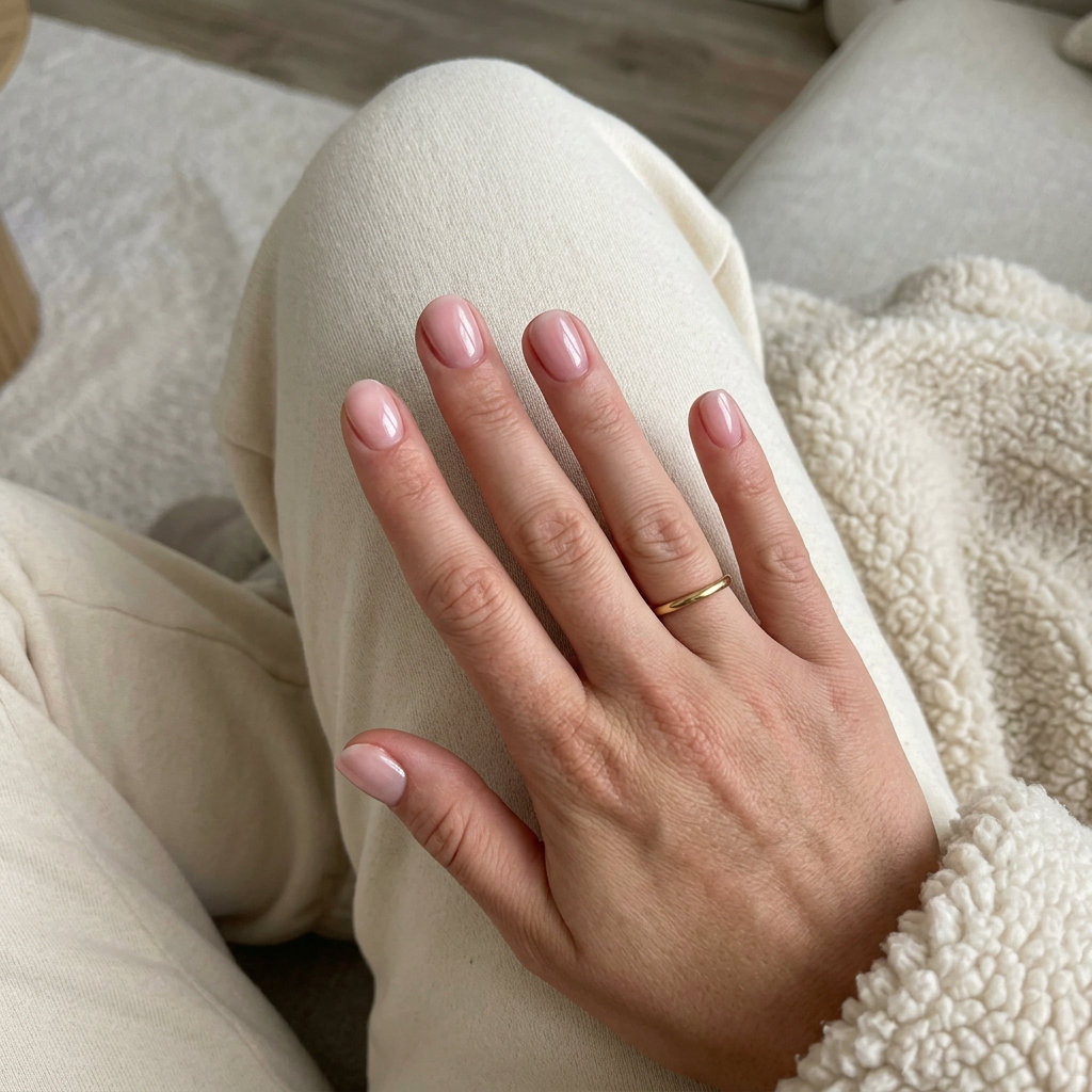 Sheer nude builder gel nails 2026: Short, natural-shaped nails with a clean, minimalist look for work or casual days.