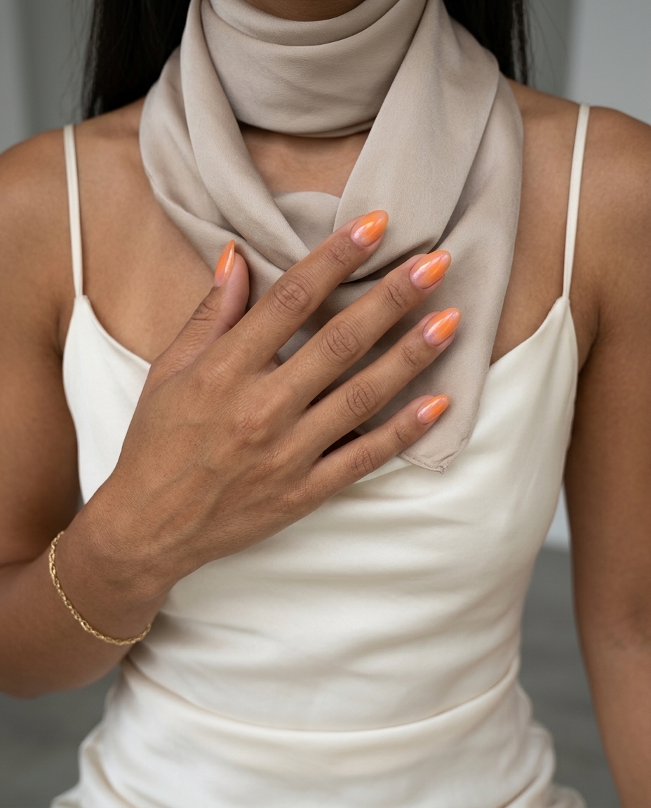 Sheer Peach Aura Almond nails: romantic, radiant short almond nails with subtle pink/gold shimmer for summer events 2026.