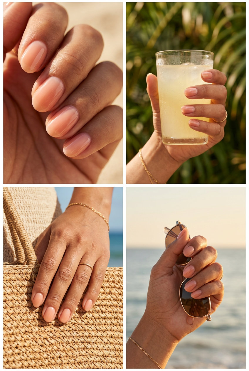 Sheer peach builder gel natural flush nails for summer 2026. Clean, sophisticated short round nails with a peachy glow.