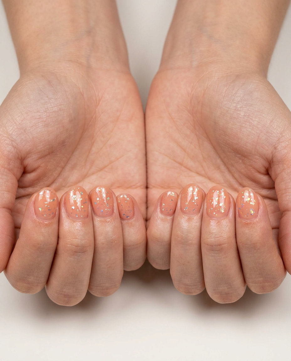 Sheer peach glitter flakes nails 2026: Short rounded nails with jelly polish and iridescent flakes for festivals.