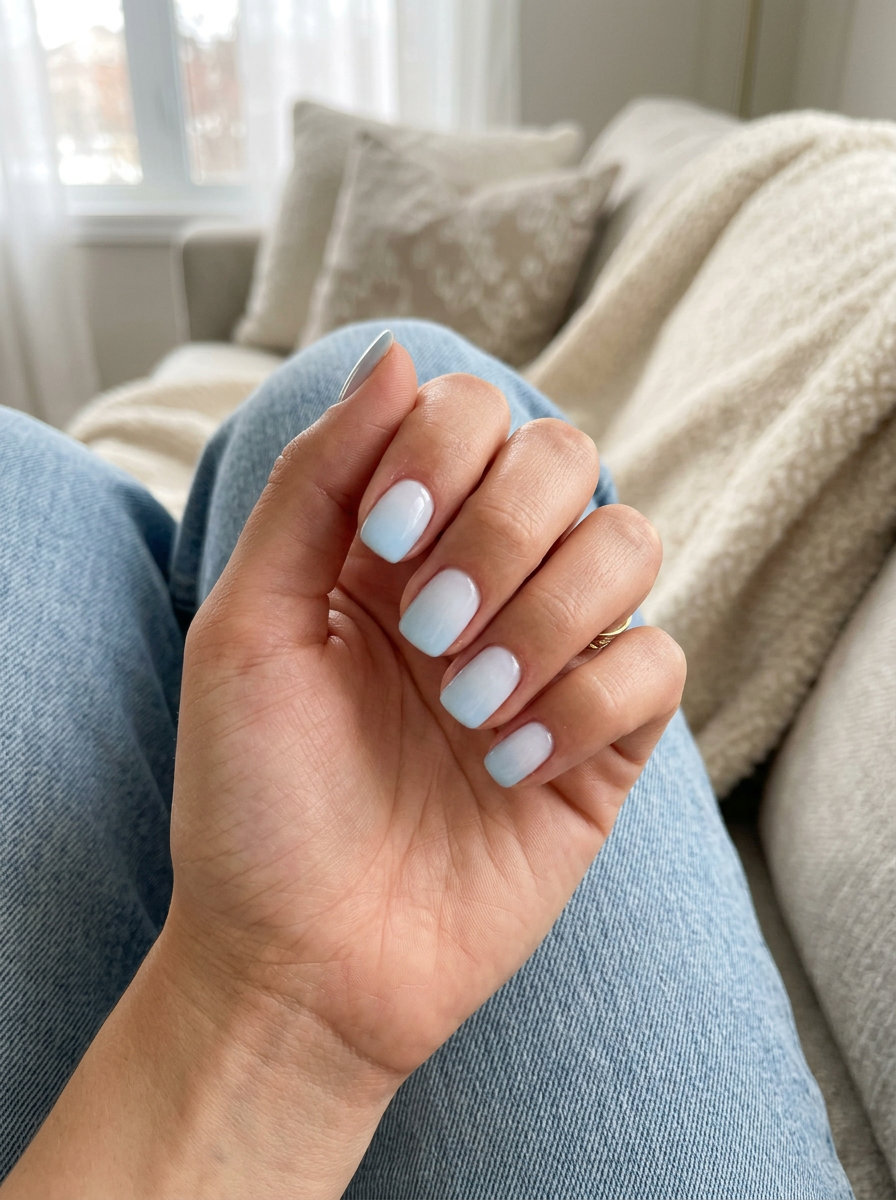Summer sky ombre nails 2026: Short squoval nails with a milky white to pale blue gradient for weddings.