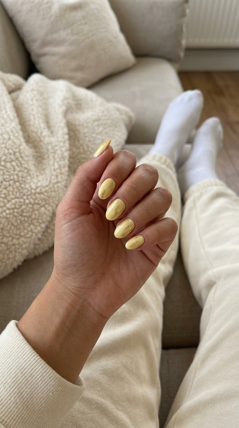 Textured Butter Yellow Shine nails: playful, glamorous short round nails with scattered gold shimmer for parties 2026.