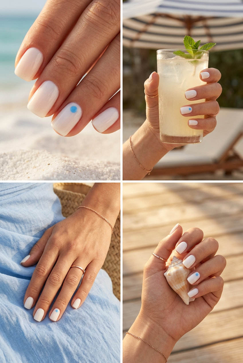 Simple Summer Acrylic Nail Designs 2026: Blue Dot Accent Short square milky white acrylic nails 2026 with minimalist sky blue dot accent for work.