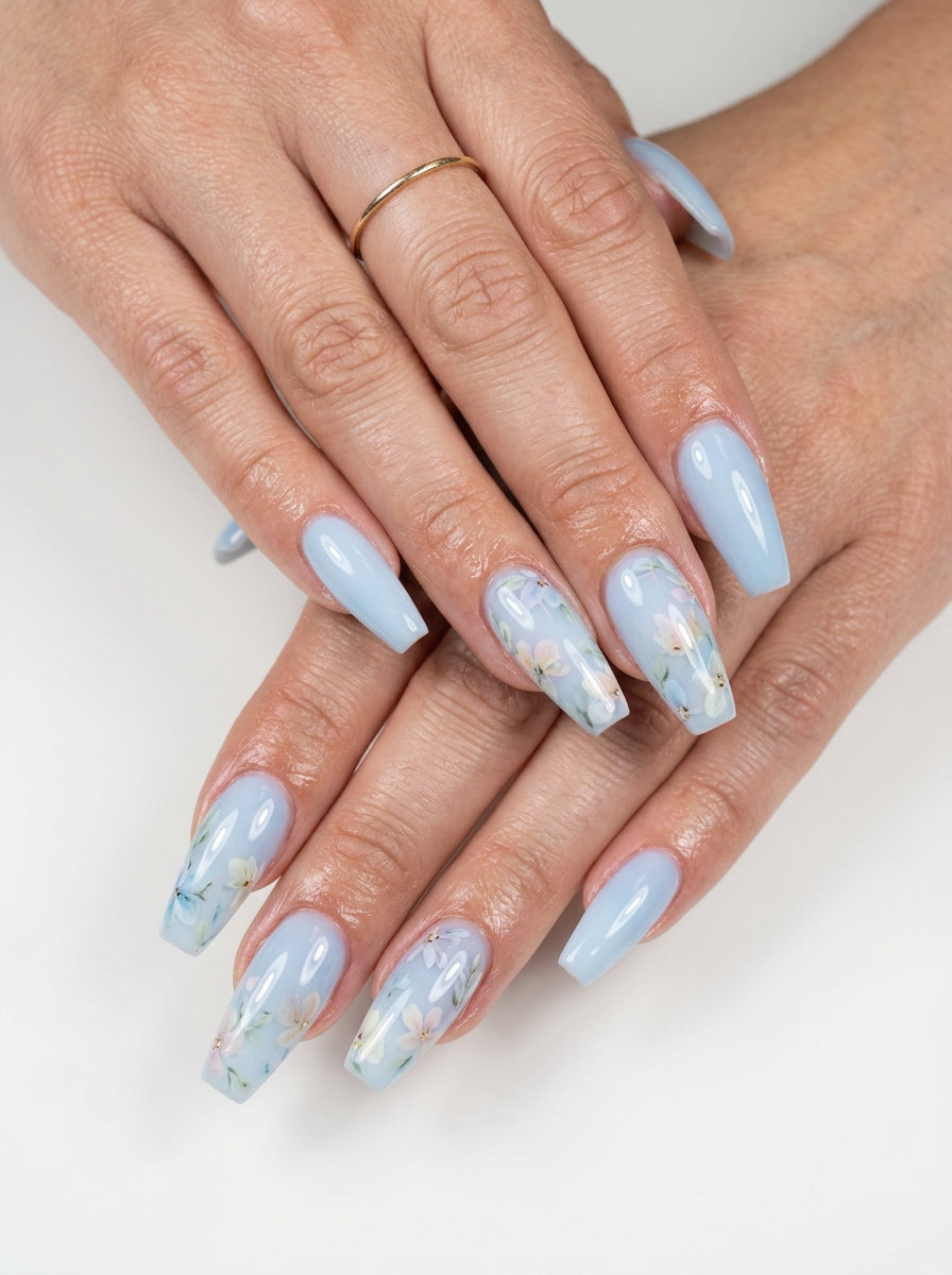 Simple Summer Acrylic Nail Designs 2026: Blueberry Milk Medium coffin milky blue acrylic nails 2026 with pastel floral accents for a dreamy bridal shower.