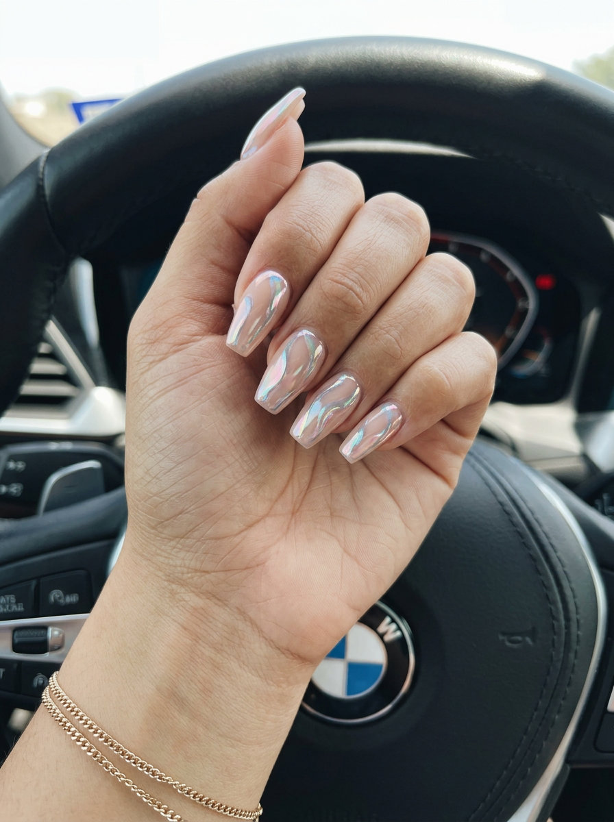 Cosmic Chrome Swirls Nails 2026 | Futuristic Party Glam Cosmic chrome swirls on medium coffin nails, futuristic party look. Simple summer acrylic nail designs 2026.