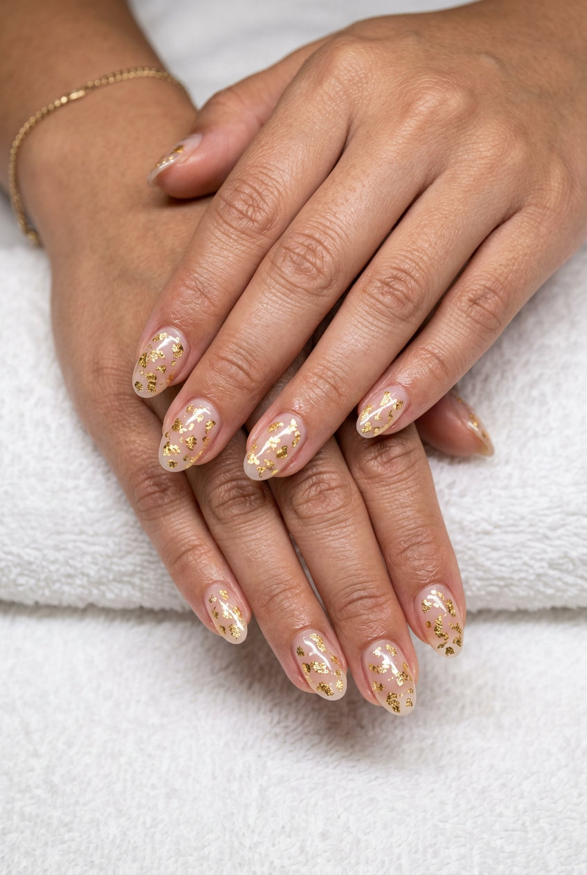 Gilded Summer Oval Nails 2026 | Glamorous Wedding Guest Gilded summer oval nails with gold foil flakes for a wedding guest look. Simple summer acrylic nail designs 2026.