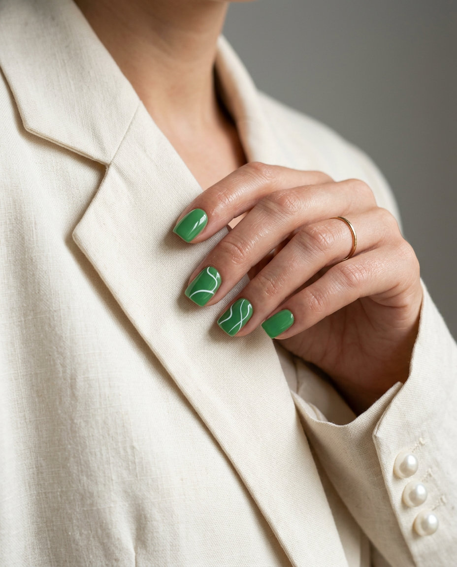 Simple Summer Acrylic Nail Designs 2026: Green Line Art Short square white acrylic nails 2026 with green abstract line art for a minimalist work look.