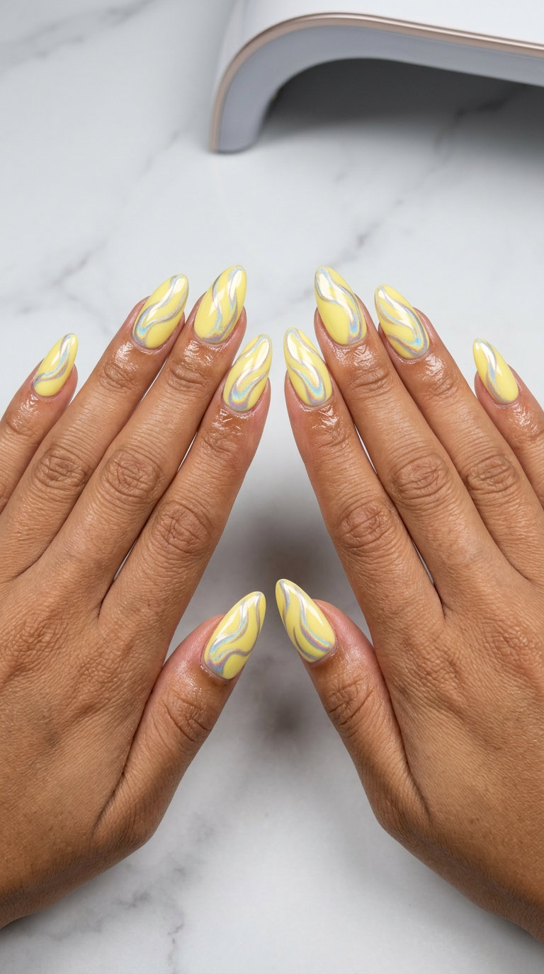 Lemon Chrome Swirl Nails 2026 | Futuristic Party Style Lemon Chrome Swirl acrylic nails for parties. Bright yellow with iridescent chrome swirl, futuristic chic.