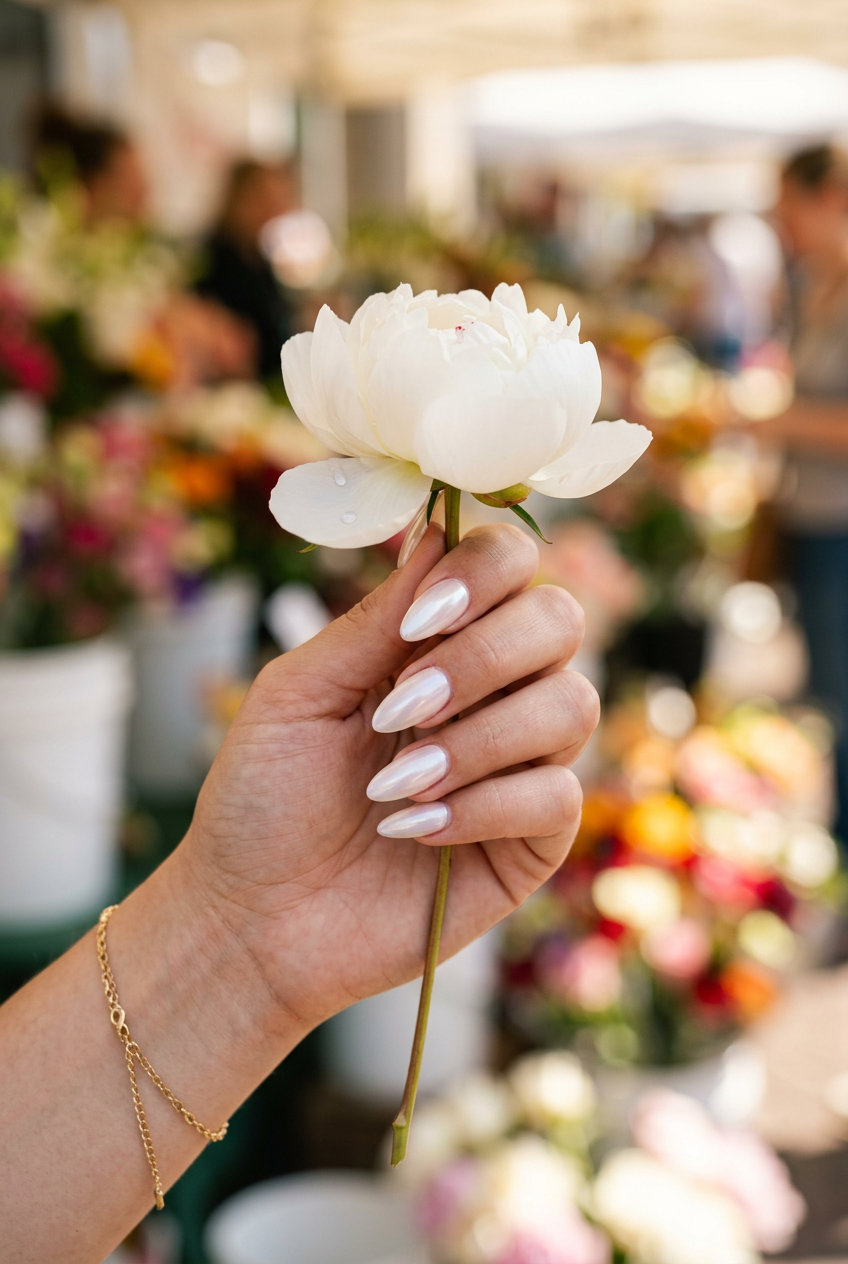 Luminous Milk Pearl Nails 2026 | Elegant Bridal Style Luminous Milk Pearl long coffin acrylic nails for weddings. Opaque milky white with pearlescent sheen.
