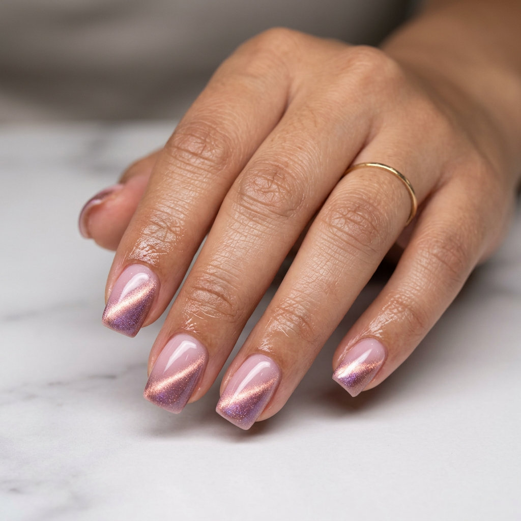 Milky Pink Cat-Eye Square Nails 2026 | Sultry Evening Look Milky pink cat-eye square nails for a sultry evening out. Simple summer acrylic nail designs 2026.