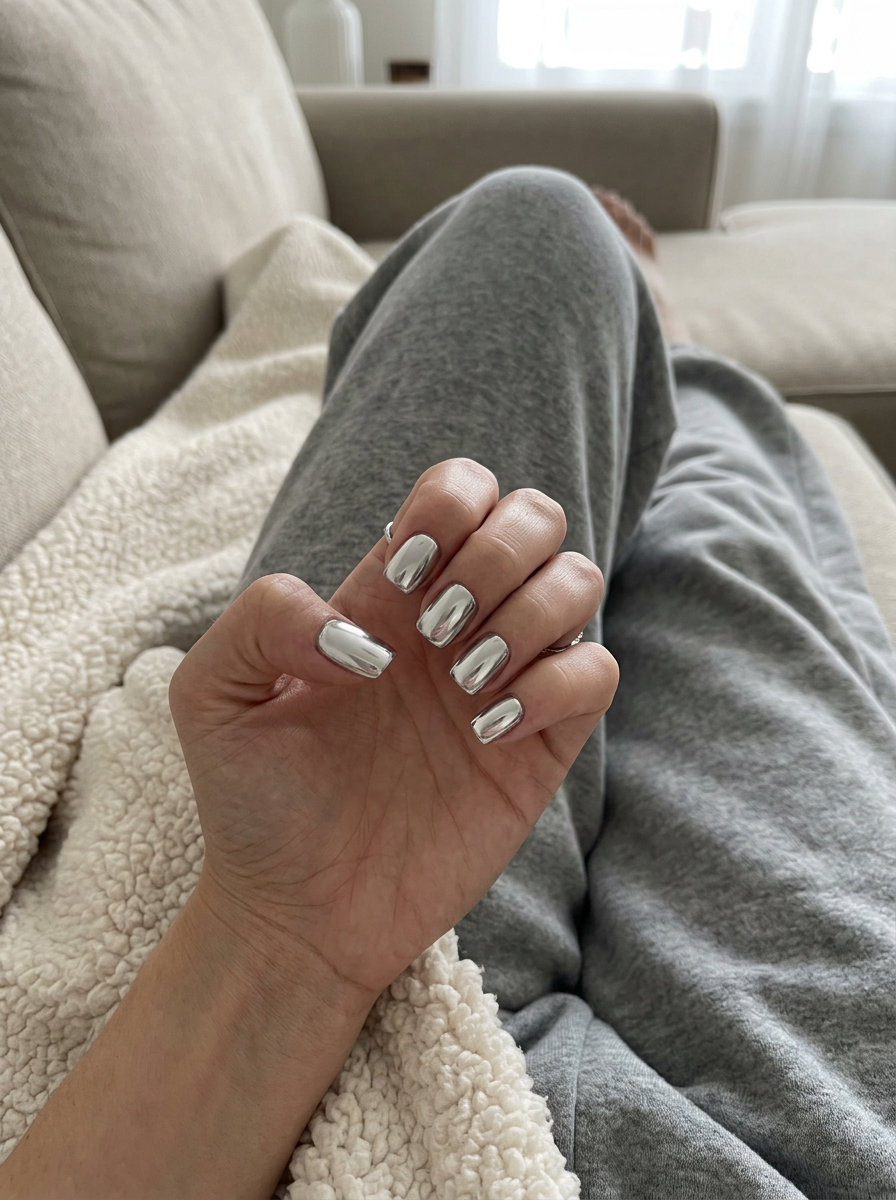 Simple Summer Acrylic Nail Designs 2026: Mirror Chrome Short square mirror ball chrome acrylic nails 2026 for a bold music festival look.