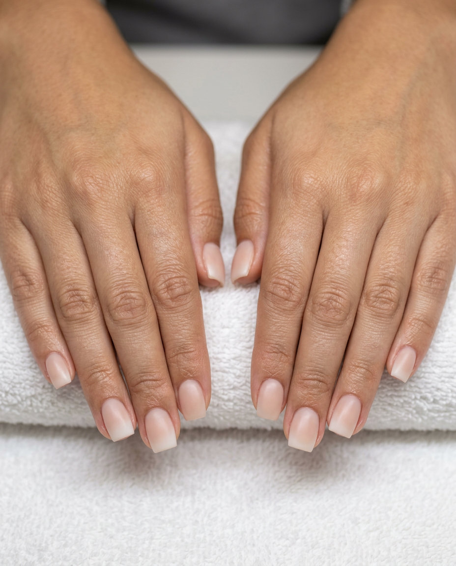 Simple Summer Acrylic Nail Designs 2026: Nude Aura Short square nude aura acrylic nails 2026: Opaque nude with milky white/cream gradient for a clean-girl look.