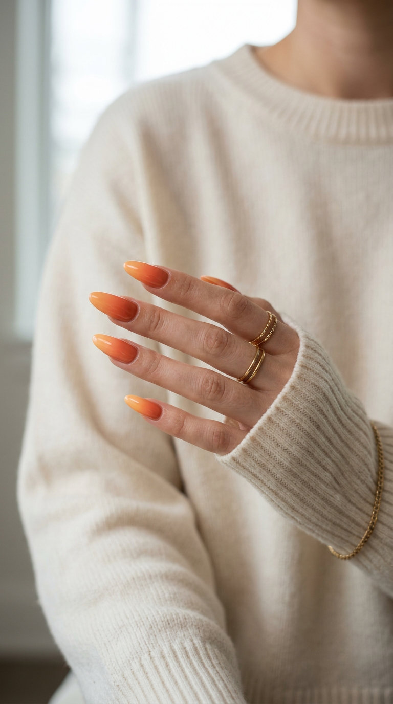 Simple Summer Acrylic Nail Designs 2026: Orange Ombre Medium almond orange ombre acrylic nails 2026 with sunset gradient for a vibrant vacation look.