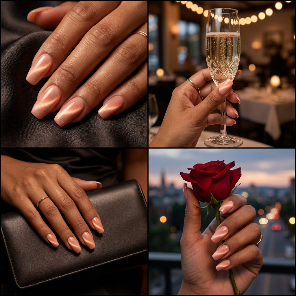 Simple Summer Acrylic Nail Designs 2026: Peach Cat-Eye Medium coffin peach cat-eye acrylic nails 2026 with magnetic shift for a glamorous date night.