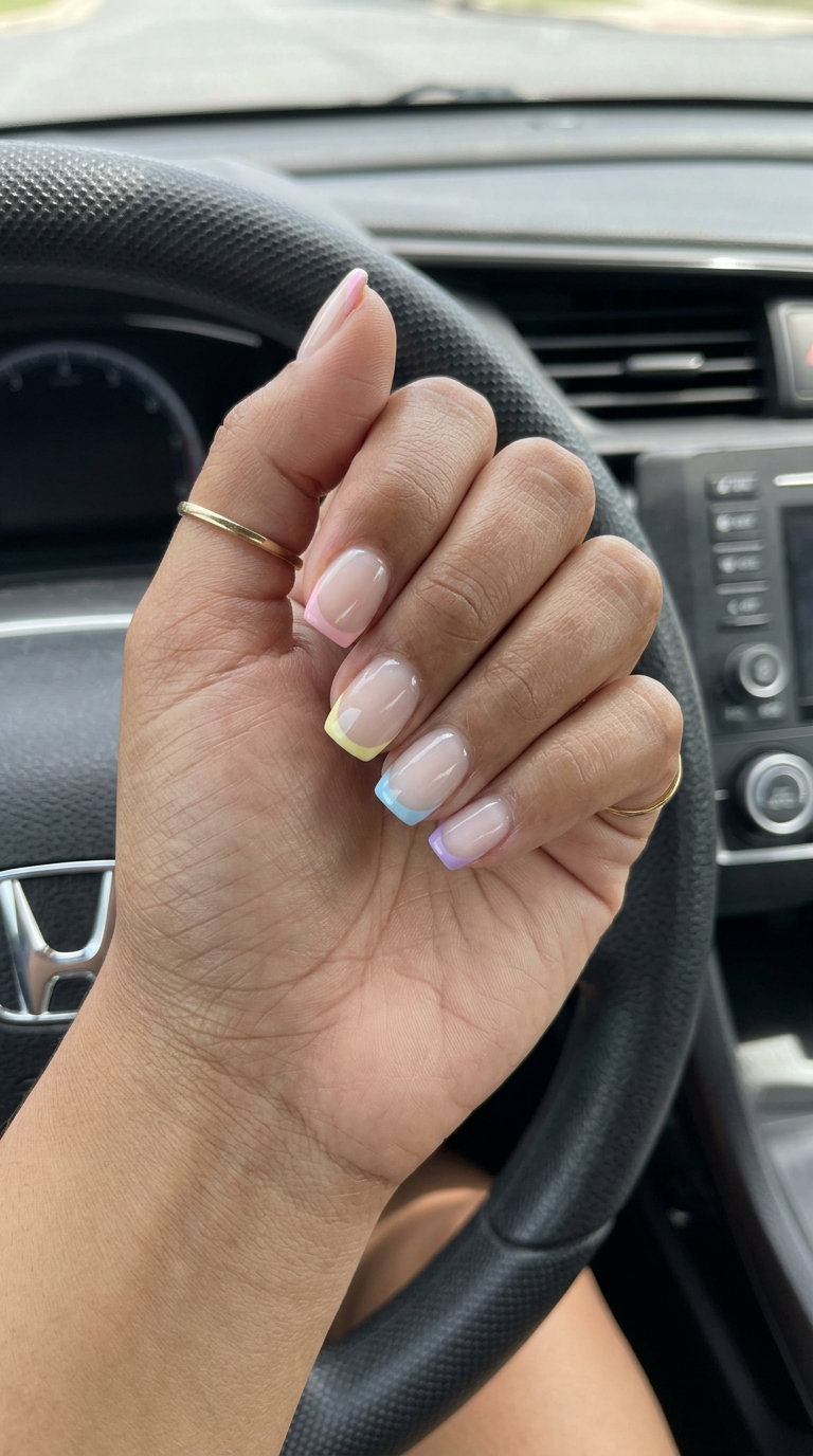 Rainbow Sherbet French Nails 2026 | Playful Summer Style Rainbow Sherbet Micro French acrylic nails for casual summer outings. Pastel rainbow tips on sheer base.