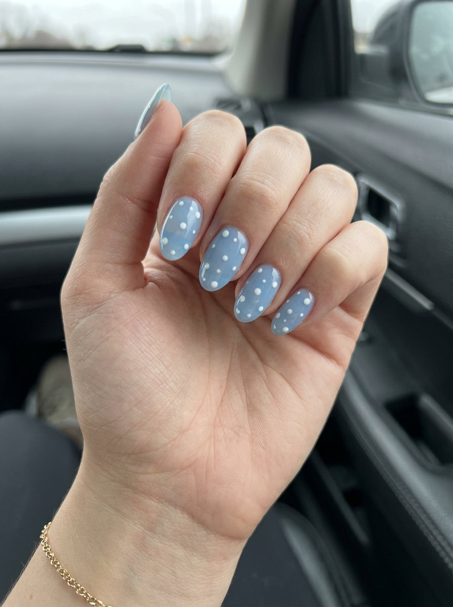Sky Polka Dot Nails 2026 | Playful Weekend Style Sky Polka Dot Delight short square acrylic nails for casual fun. Clear light blue with white dots.