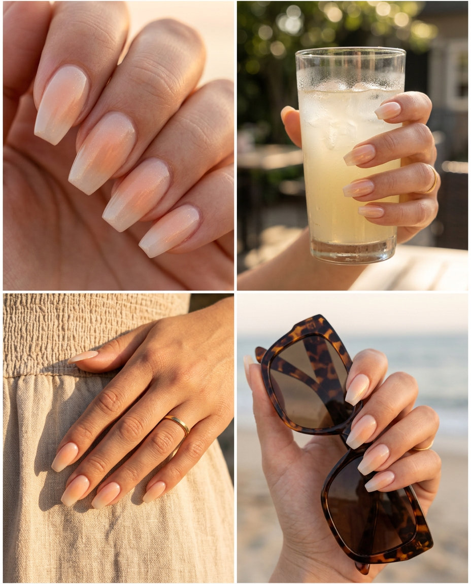 Sun-Kissed Aura Coffin Nails 2026 | Romantic Summer Sun-Kissed Aura Coffin acrylic nails for date night. Soft peach with gold shimmer, diffused aura effect.