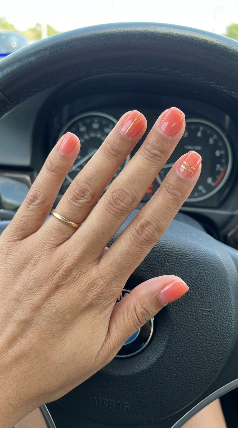 Chic sheer coral squoval nails with delicate gold lines, perfect for simple summer nails 2026.