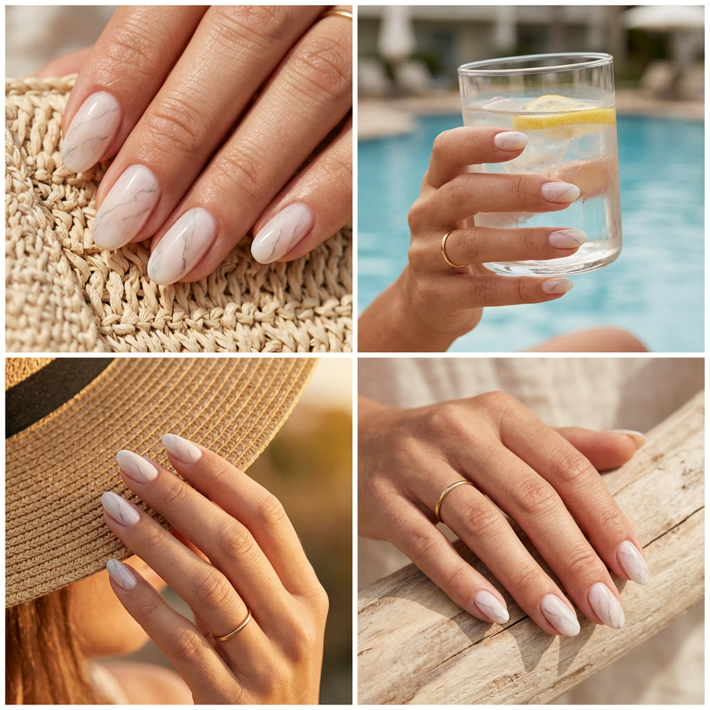 Sophisticated sheer nude almond nails with subtle grey and white marble veining for simple summer nails 2026.