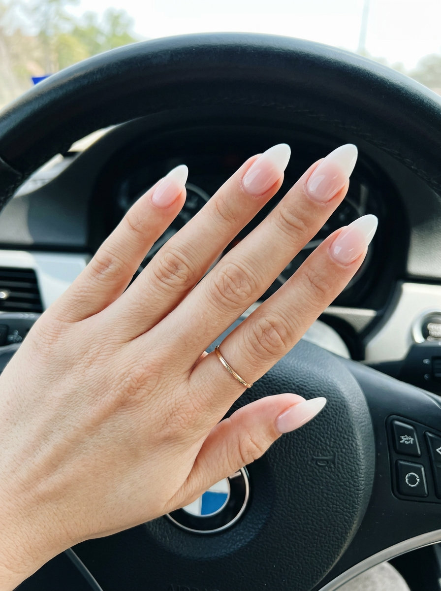 Ethereal milky white almond nails with a soft pale pink aura gradient for simple summer nails 2026.