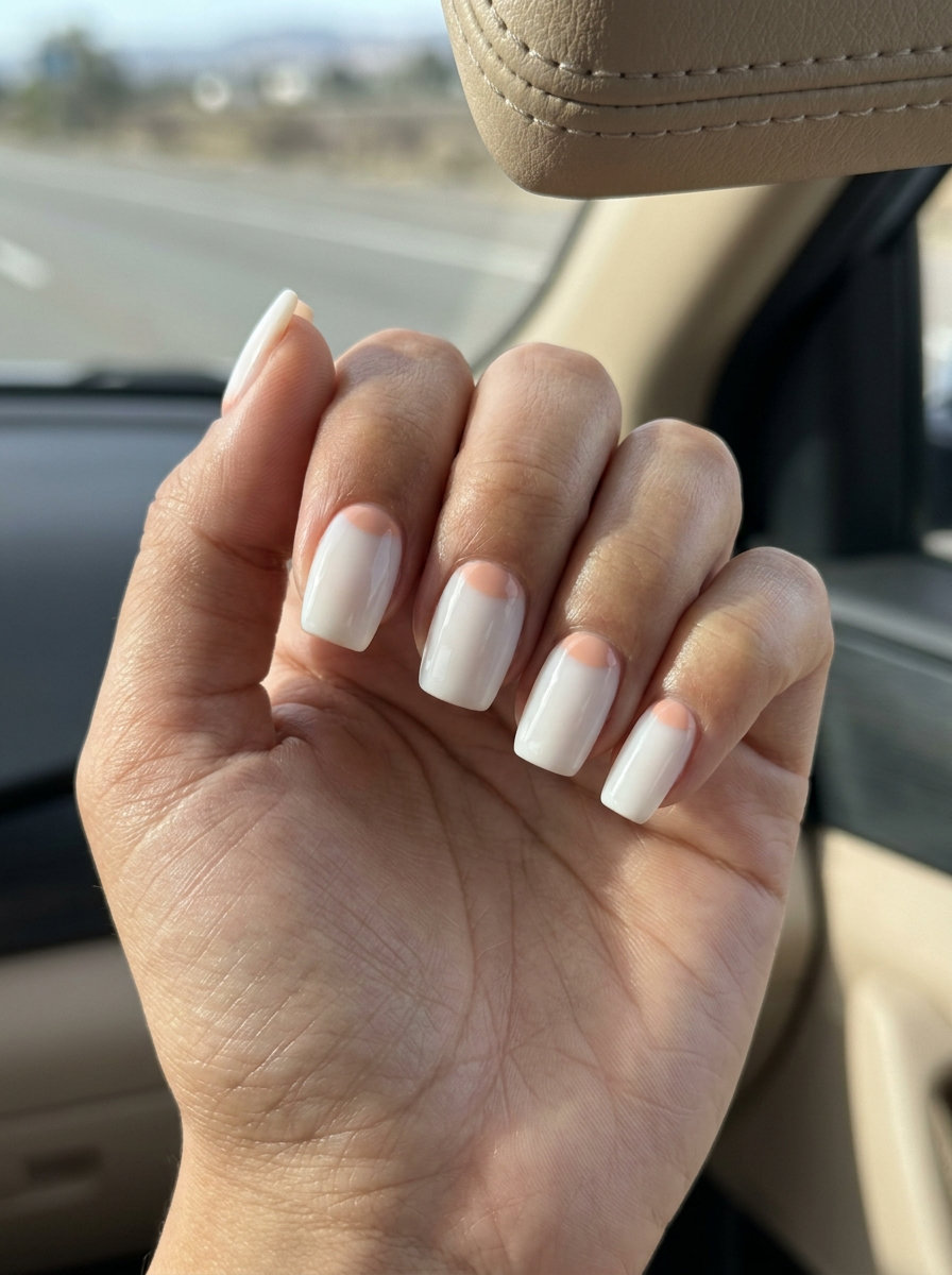 Milky white reverse French with peach crescent nails for simple summer nails 2026.