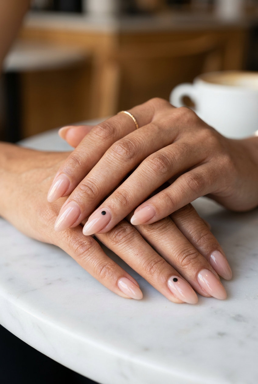 Minimalist nude sheer almond nails with a single black dot, perfect for simple summer nails 2026.