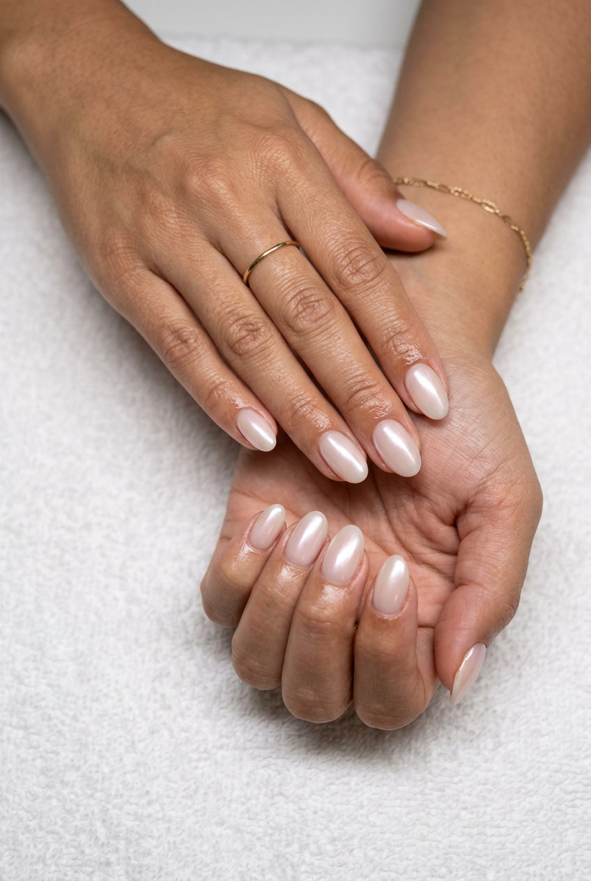Nude glazed donut nails for simple summer nails 2026. Sophisticated and clean-girl chic.