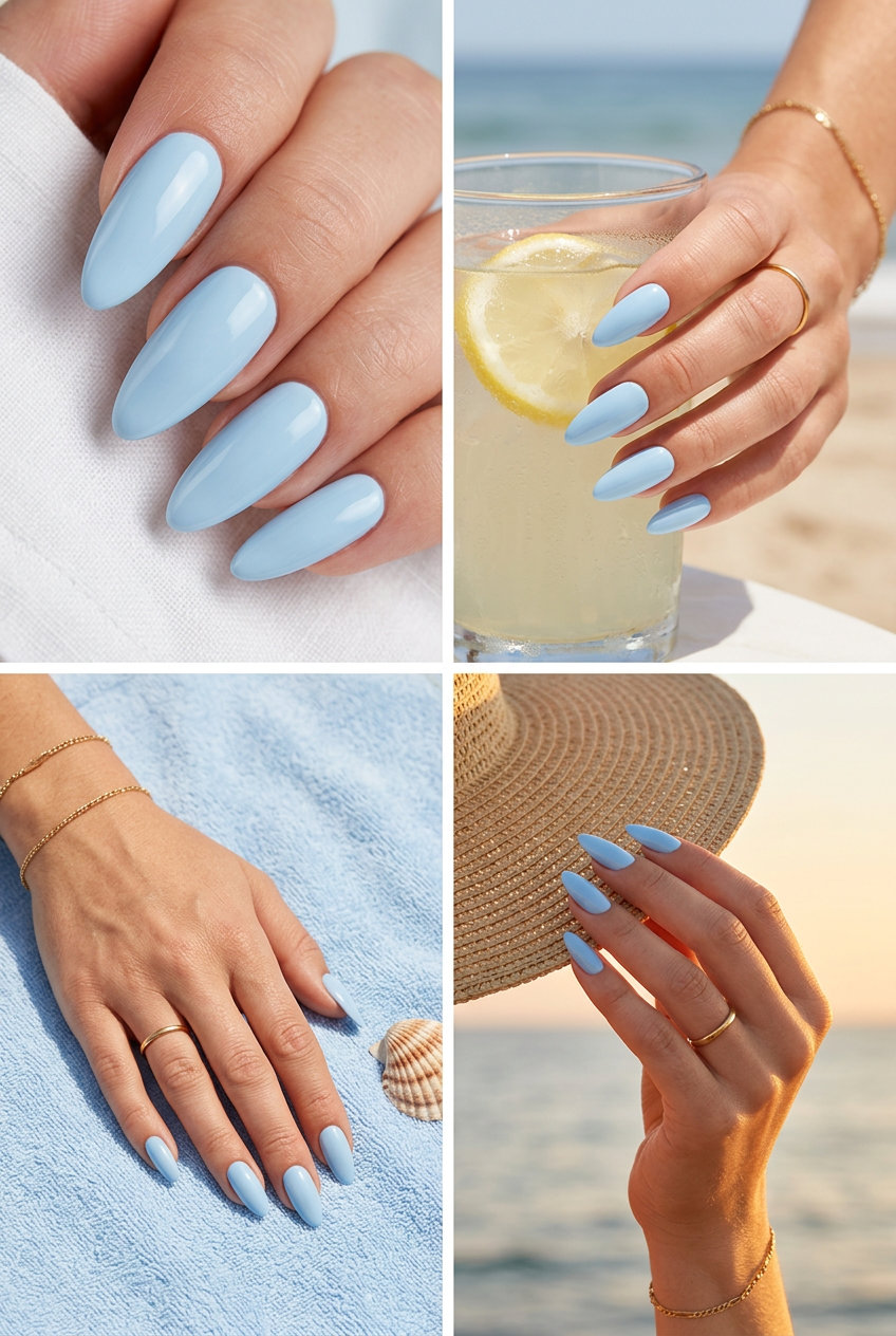 Pale sky blue glass nails for date nights and summer parties. Simple summer nails 2026.