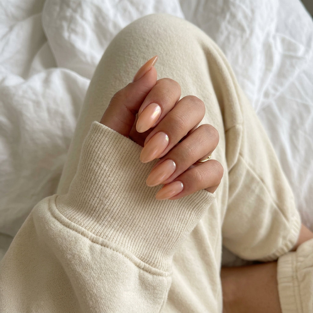 Sheer peach fuzz pearlescent nails for a formal event or date night. Simple summer nails 2026.