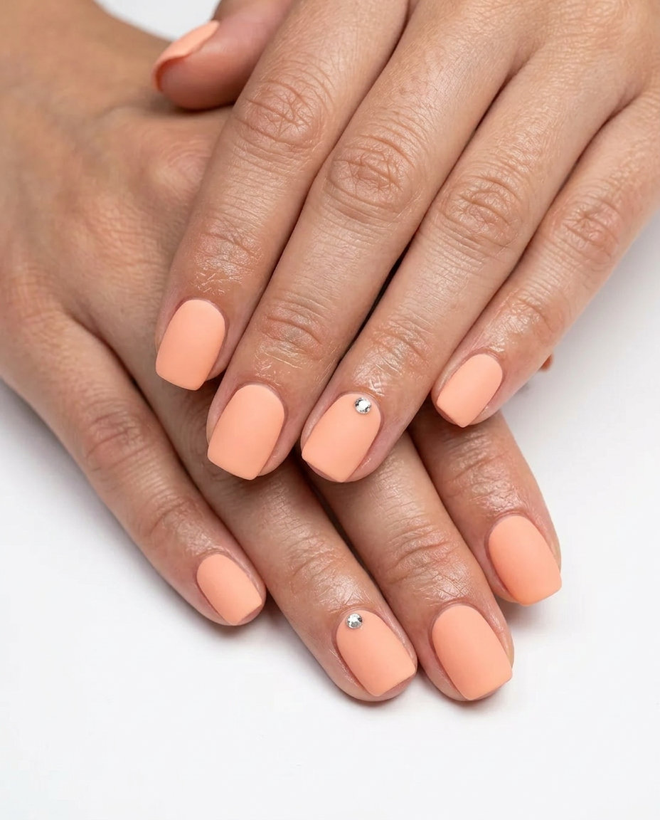 Peach Fuzz nails with rhinestone accent for simple summer nails 2026. Matte finish with a single clear rhinestone.