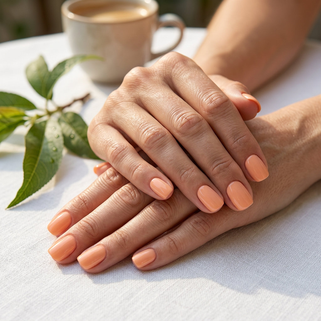 Clean and polished peach fuzz soft square glossy nails, ideal for simple summer nails 2026.