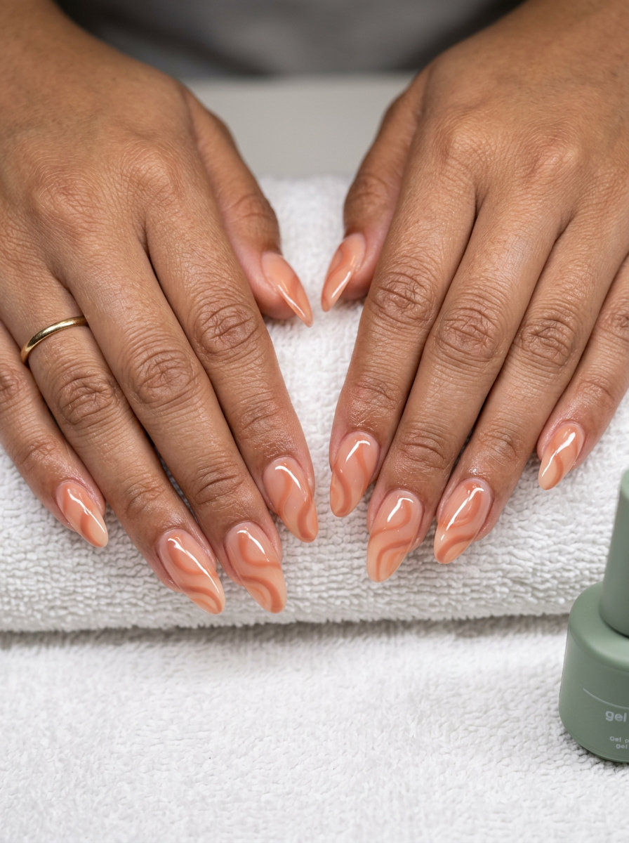 Peach swirl almond nails for simple summer nails 2026. Bohemian and romantic vacation style.