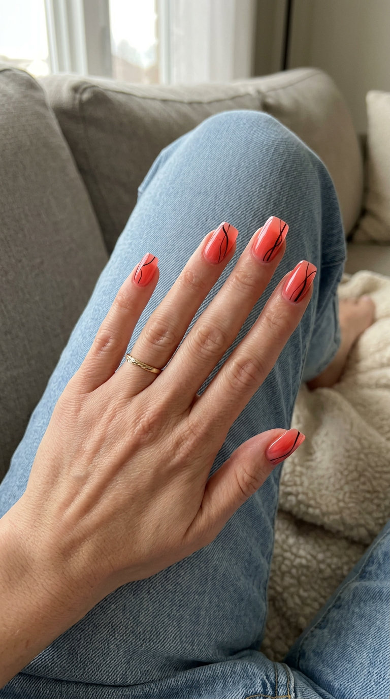 Sheer coral abstract line nails for simple summer nails 2026. Playful and edgy festival style.