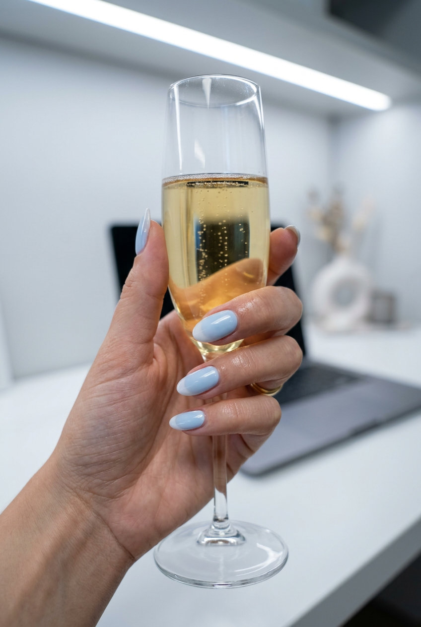 Dreamy pale sky blue nails with a diffused milky white tip, perfect for simple summer nails 2026.