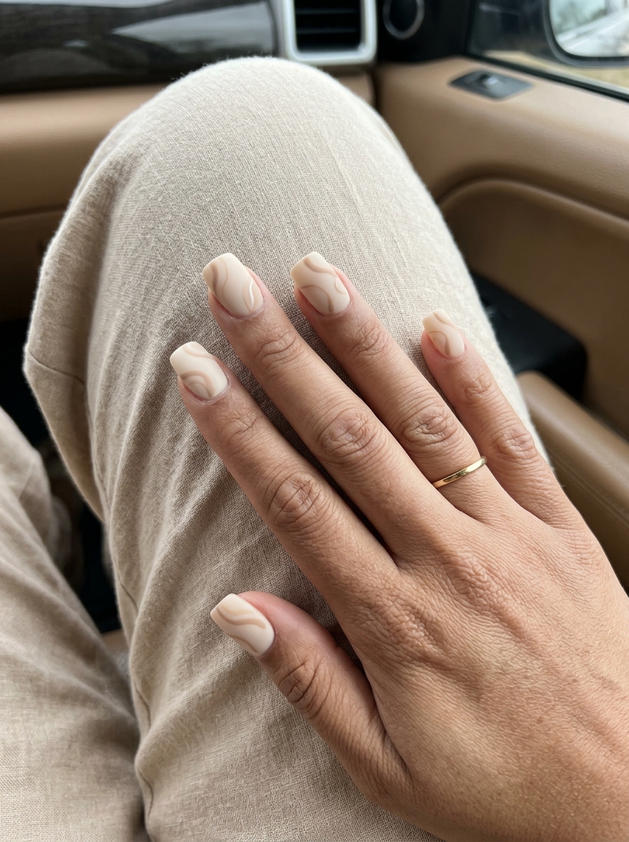 Beige abstract swirls on matte canvas nails for simple vacation nails 2026. Minimalist, sophisticated, artistic.