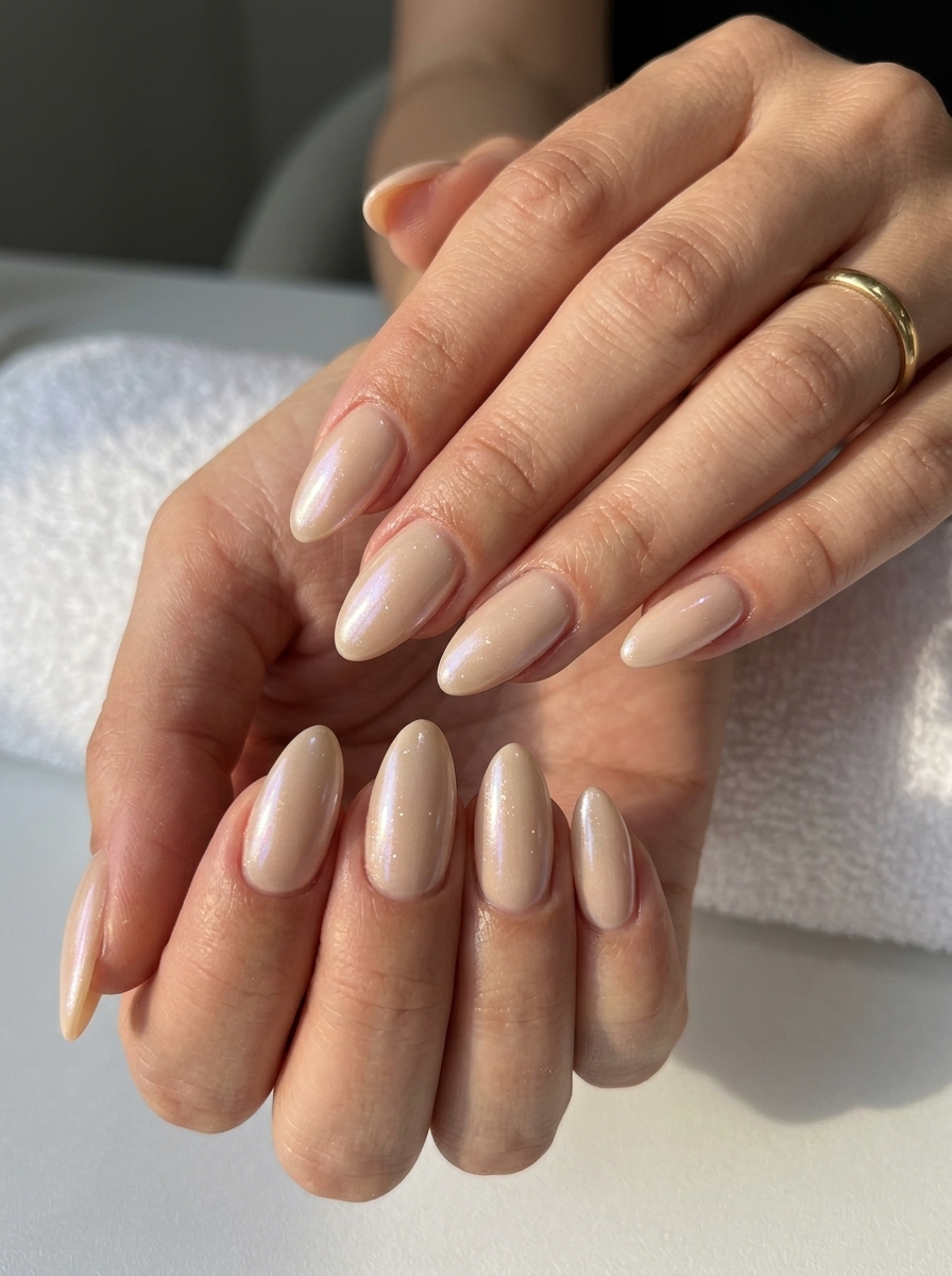 Beige glazed almond nails for simple vacation nails 2026. Sophisticated, effortless chic with pearlescent shimmer.